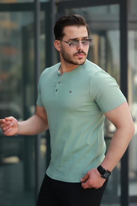 Miron Su Yeşili Önü Düğmeli Sıfır Yaka Kısa Kollu Regular Fit Tişört - 2510