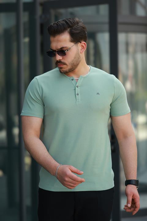 Miron Su Yeşili Önü Düğmeli Sıfır Yaka Kısa Kollu Regular Fit Tişört - 2510