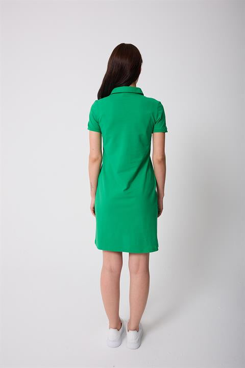 Miron Yeşil Kadın Polo Yaka Kısa Kollu Örme Elbise -2431