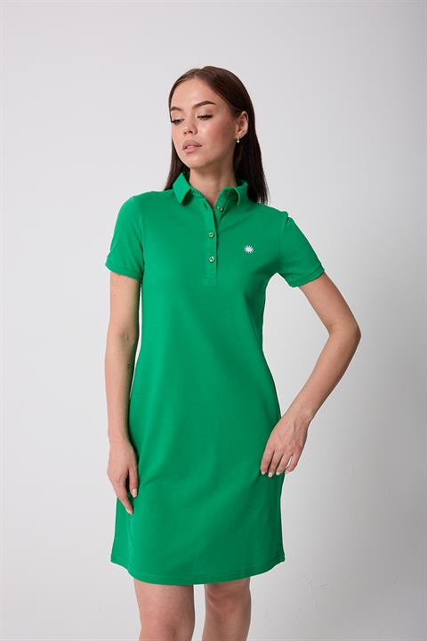 Miron Yeşil Kadın Polo Yaka Kısa Kollu Örme Elbise -2431